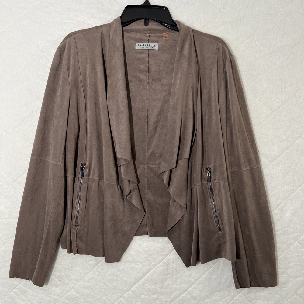 Bagatelle Collection Jacket Women's Medium Brown Draped Open Front Faux Suede